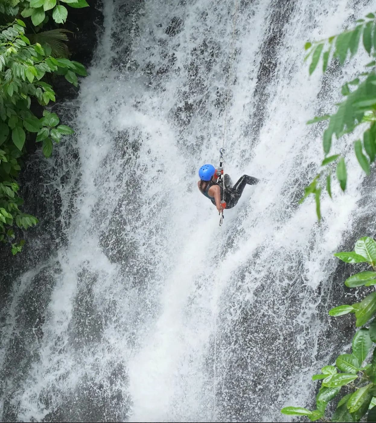 Eighty feet down a Costa Rican waterfall.