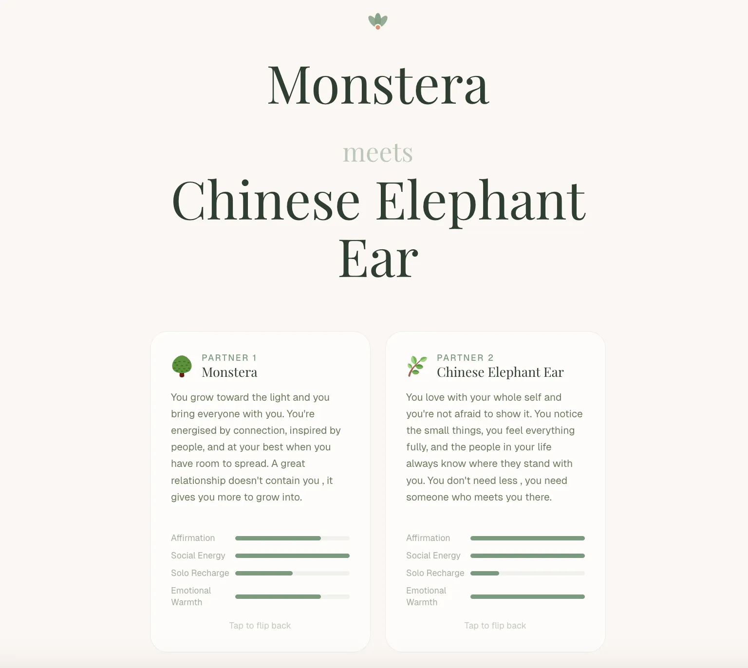 V1 cards flipped to reveal short descriptions and trait bars, accurate but surface-level