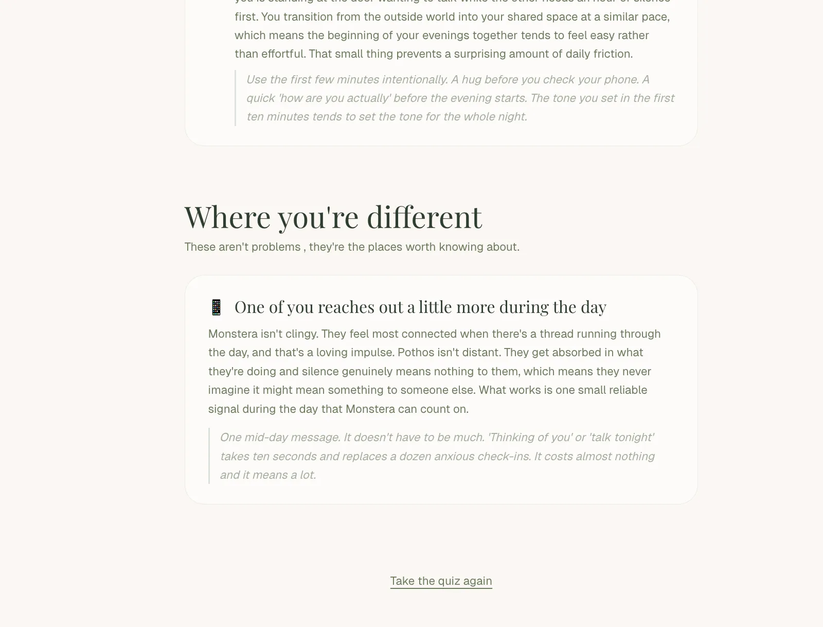 'Where you're different': differences framed as things worth knowing, with a concrete suggestion