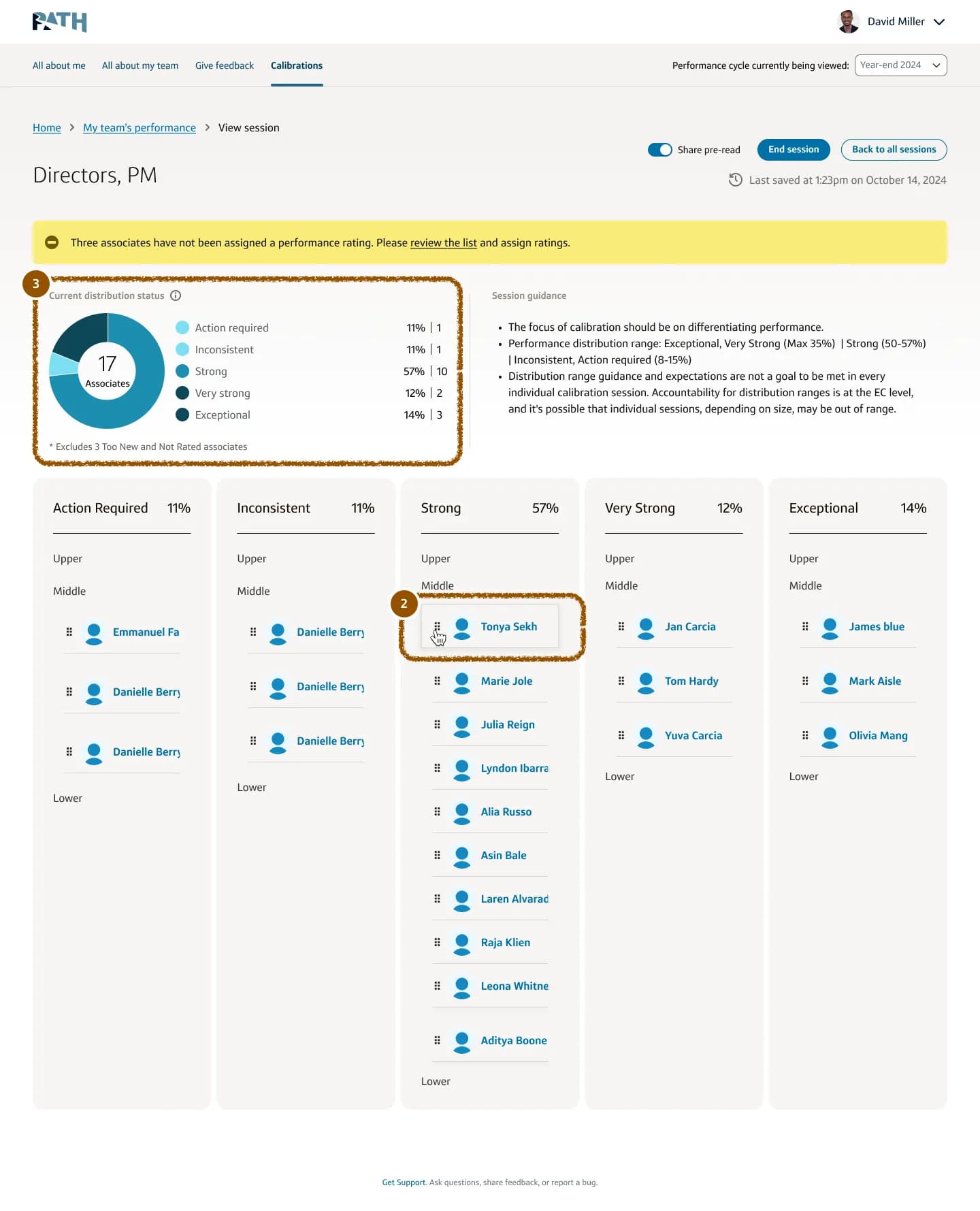 Live calibration UI showing an individual associate deep-dive panel