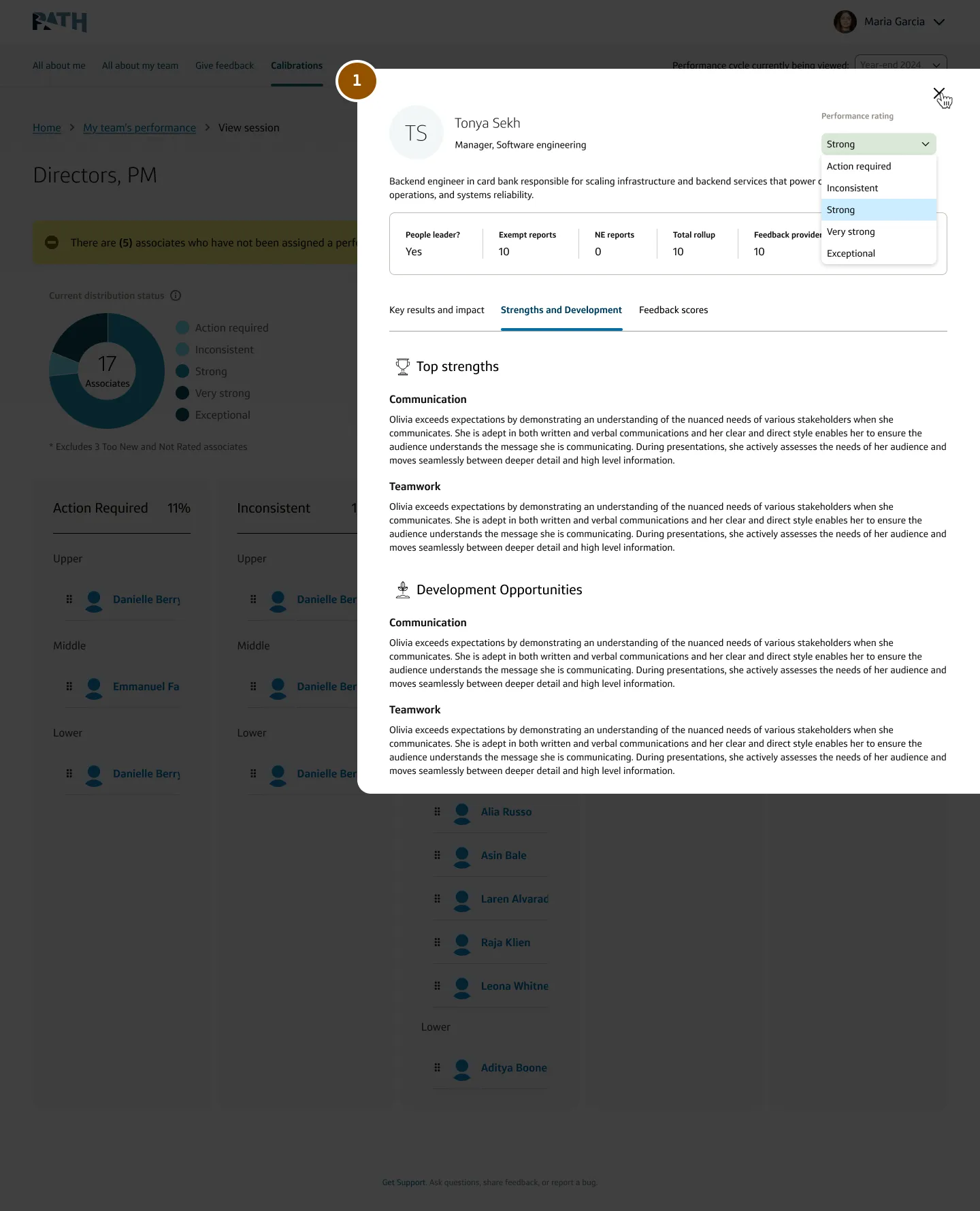 Live calibration UI showing 360 feedback surfaced during a session