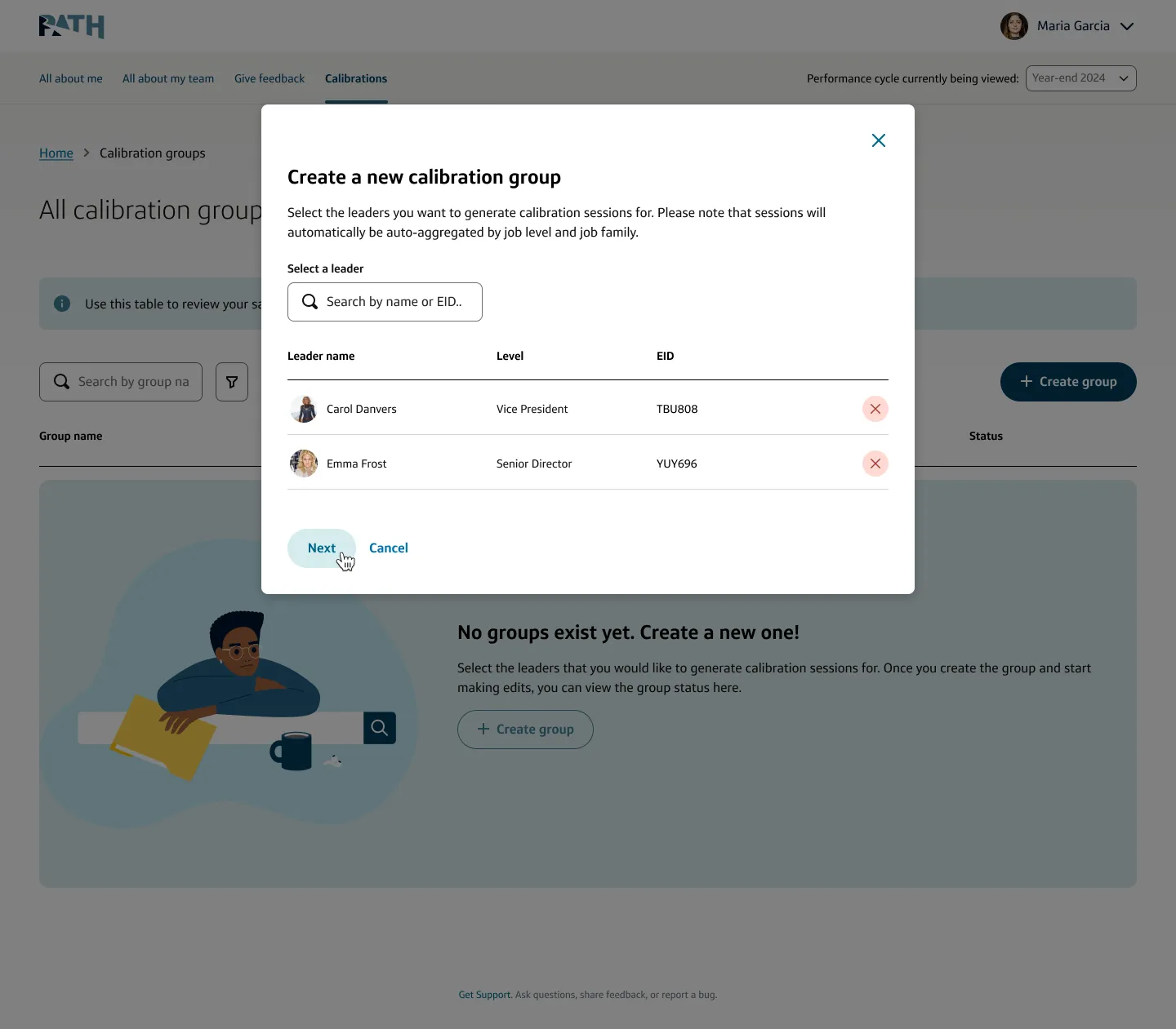 Session management UI showing a pre-calibration team overview