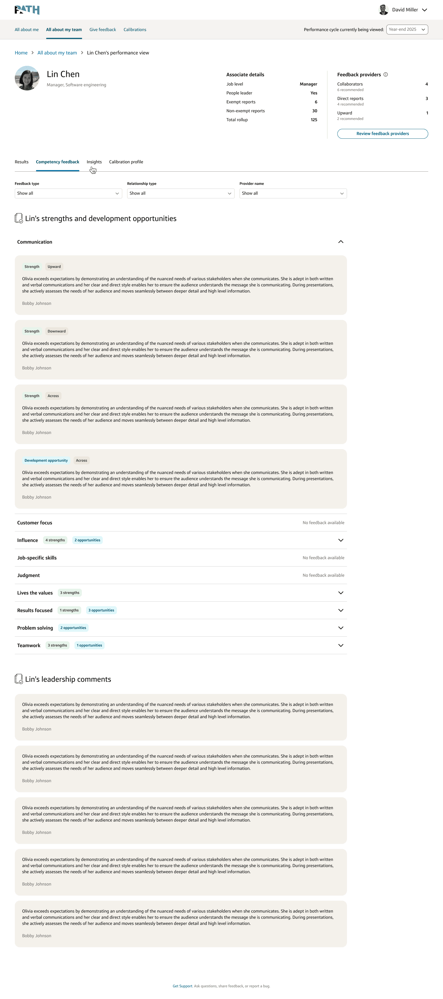 People Leader Redesign: competency feedback tab with filters, expandable competency sections, feedback cards, counts, and empty rows