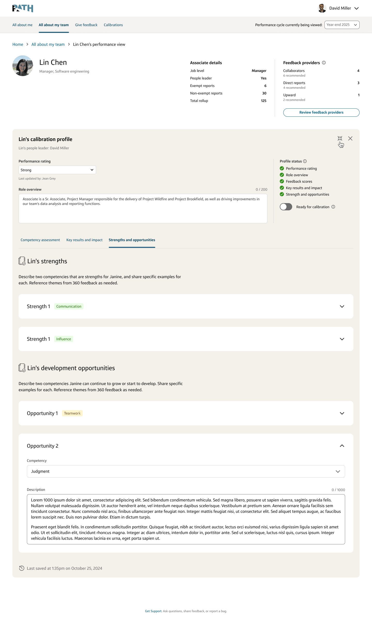 People Leader Redesign: expanded calibration profile mode with profile status checklist and strengths and development sections