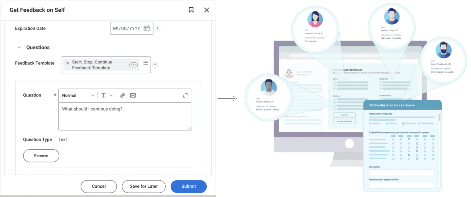 Before and after — the original 360 feedback experience and the redesigned version