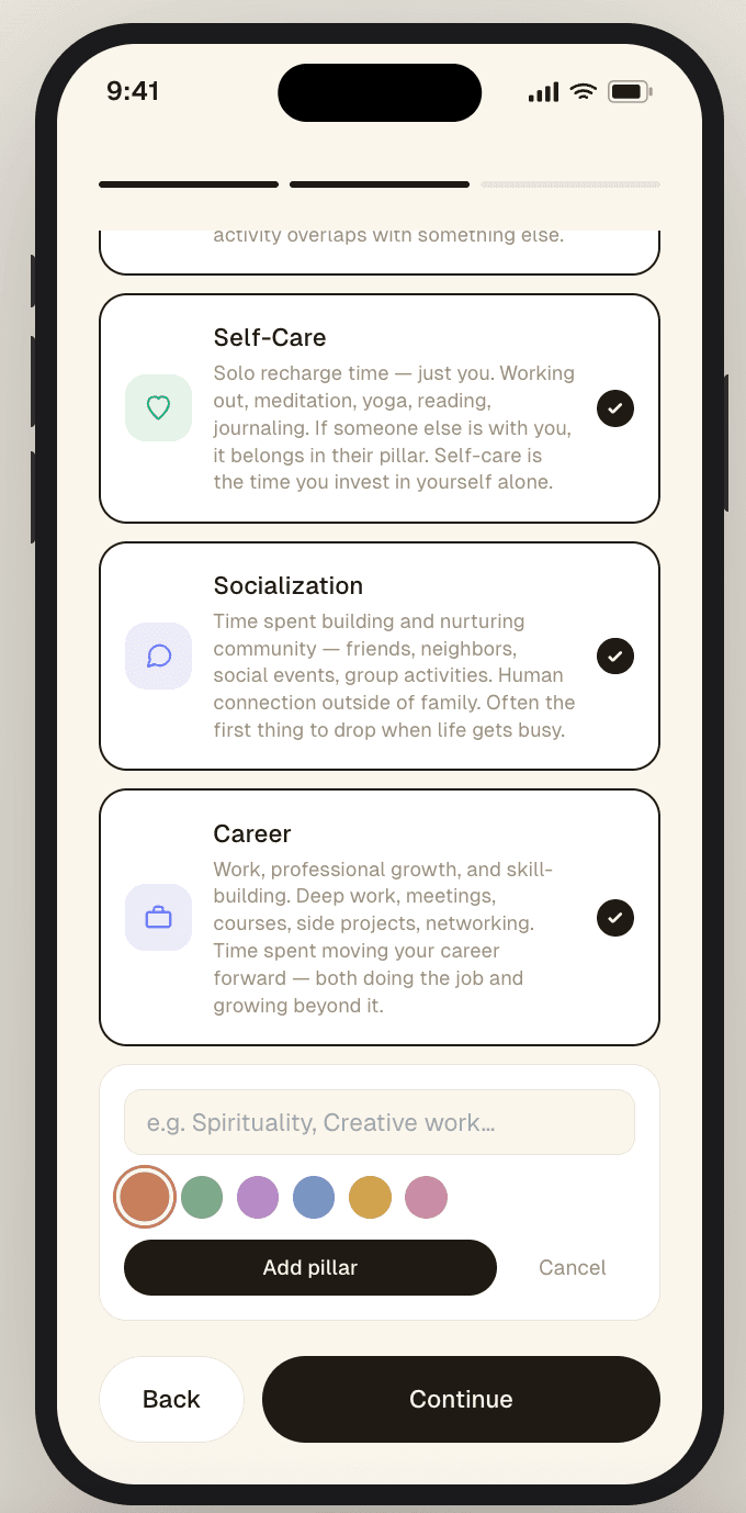 Onboarding step 3 — pillar defaults and confirmation