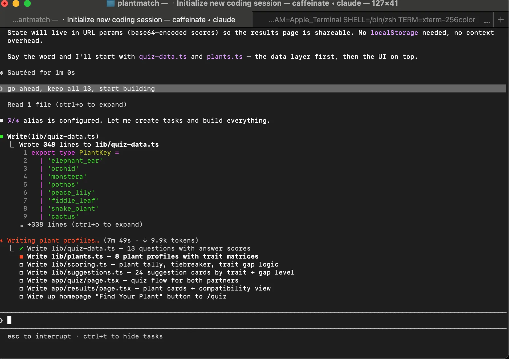 Terminal build: Claude Code writing the full app (quiz data, scoring, UI) in one pass