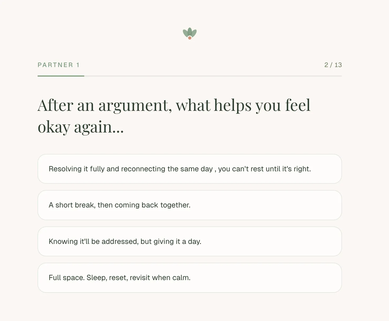 A live Bloom quiz question, 'After an argument, what helps you feel okay again,' with four answer choices