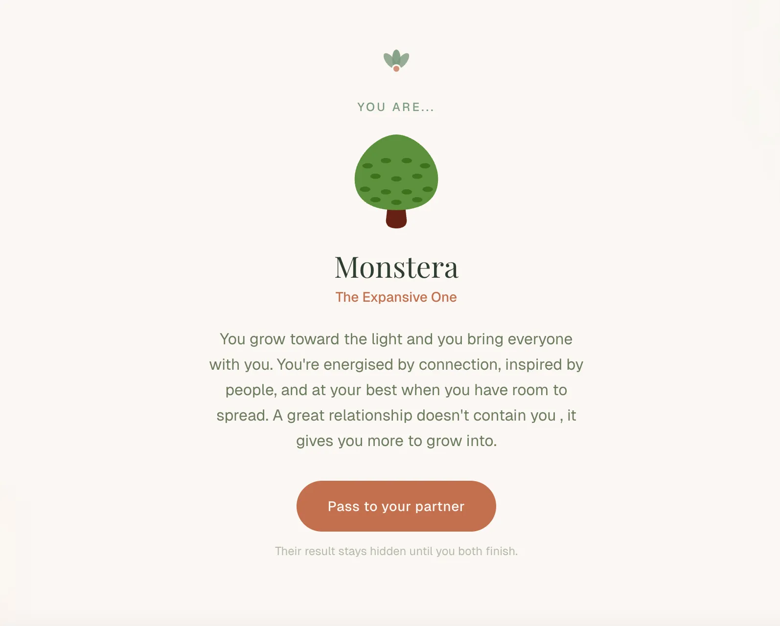 Individual result: 'You are Monstera, The Expansive One,' with a short character description