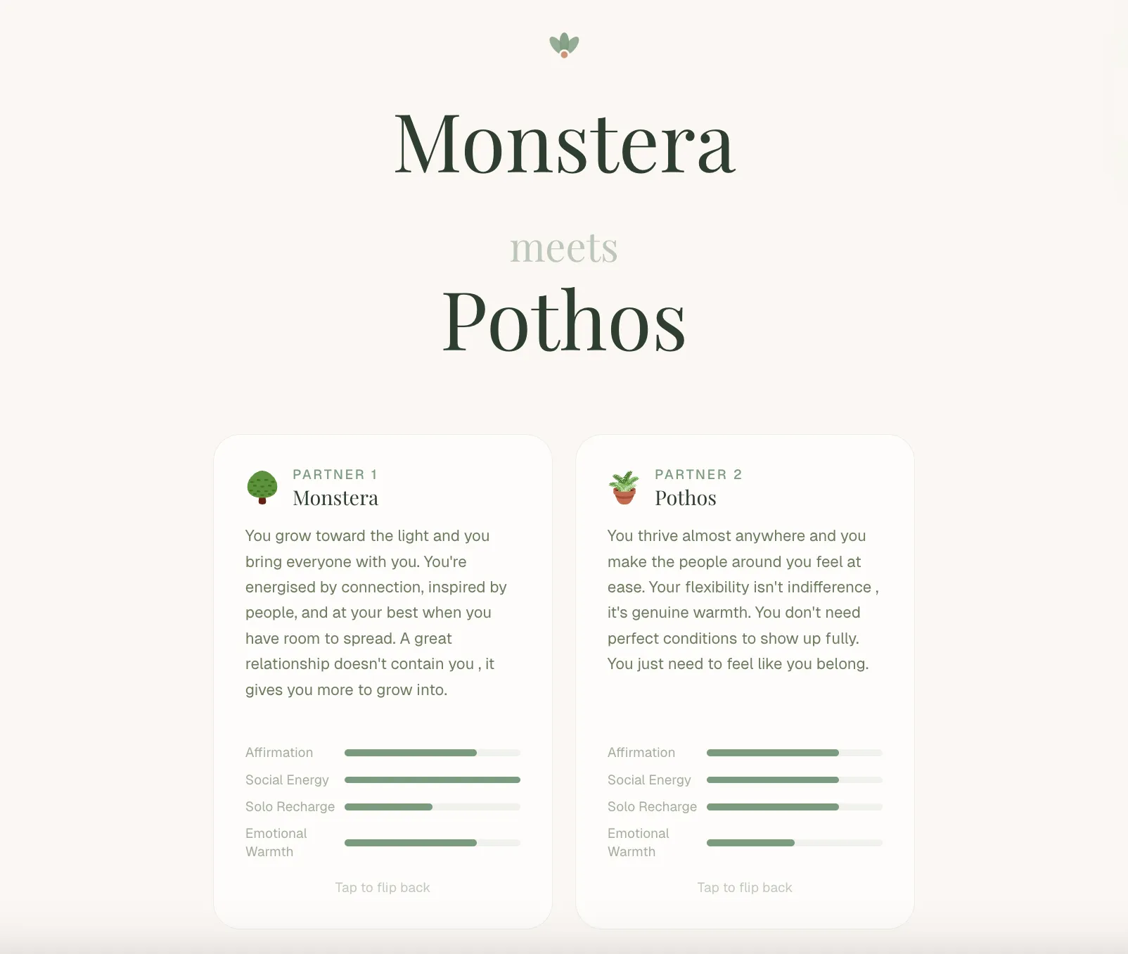 Evolved results: Monstera meets Pothos, both cards rewritten as character portraits with trait bars