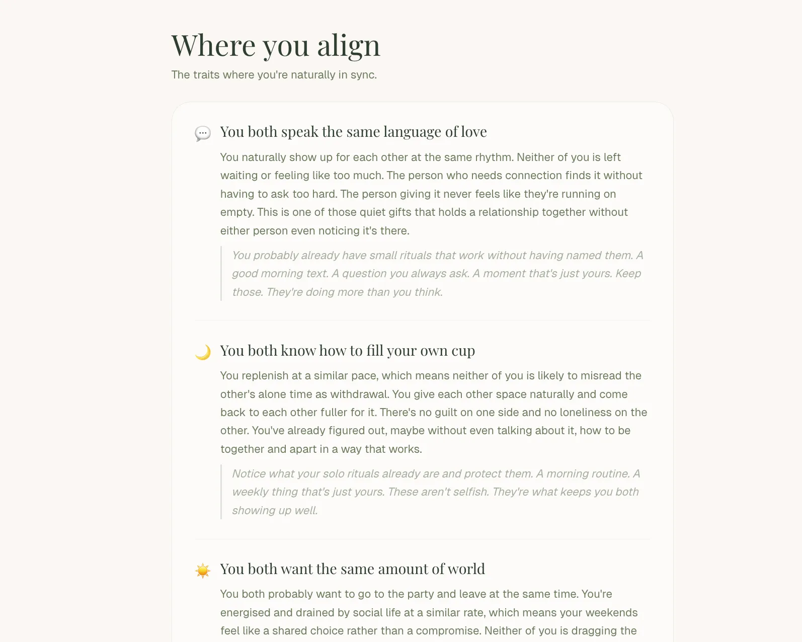 'Where you align': shared strengths explained in plain language with practical advice