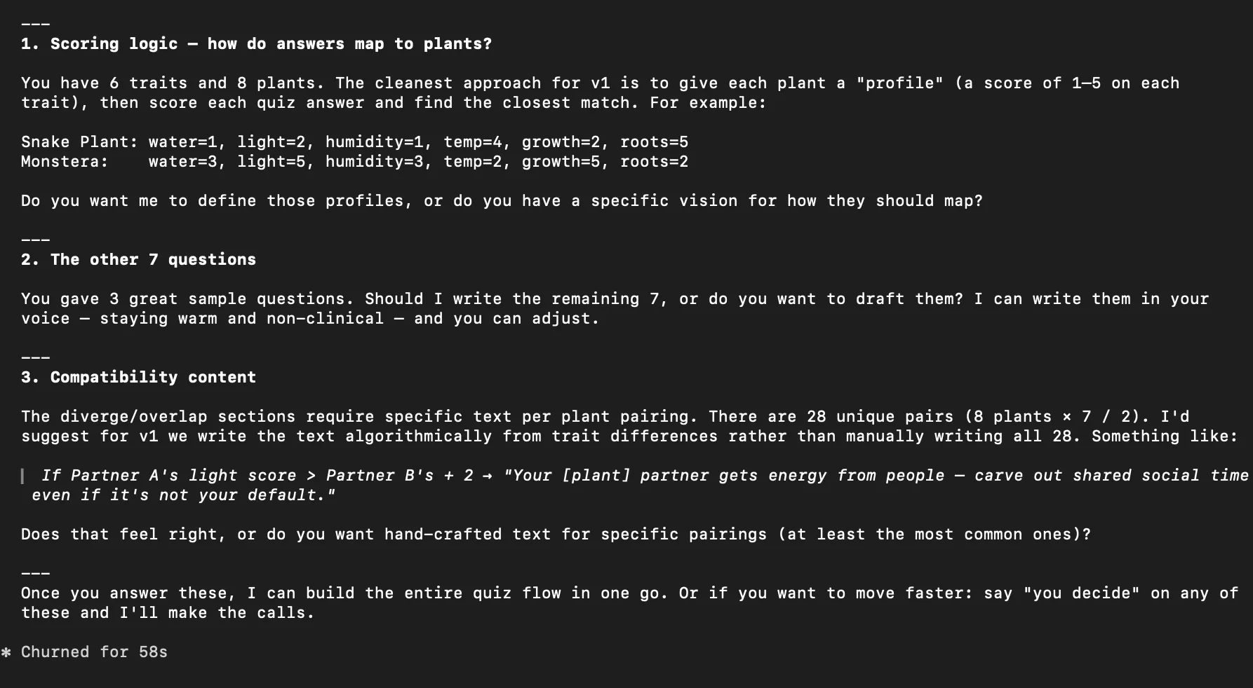 Product dialogue: Claude mapping scoring logic and offering to draft the questions or defer to my calls