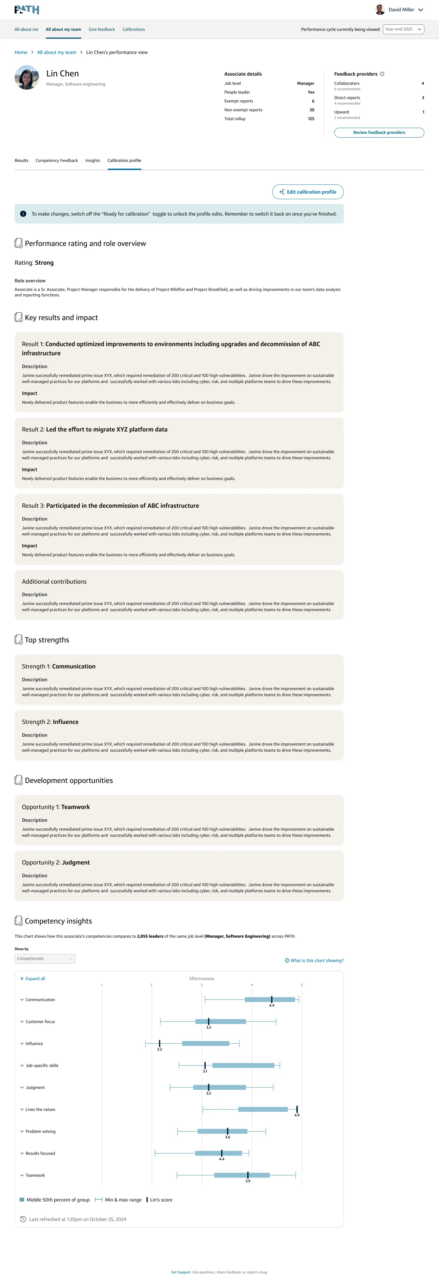 The redesigned calibration profile: competency assessment, key results, strengths and development, complete and still editable