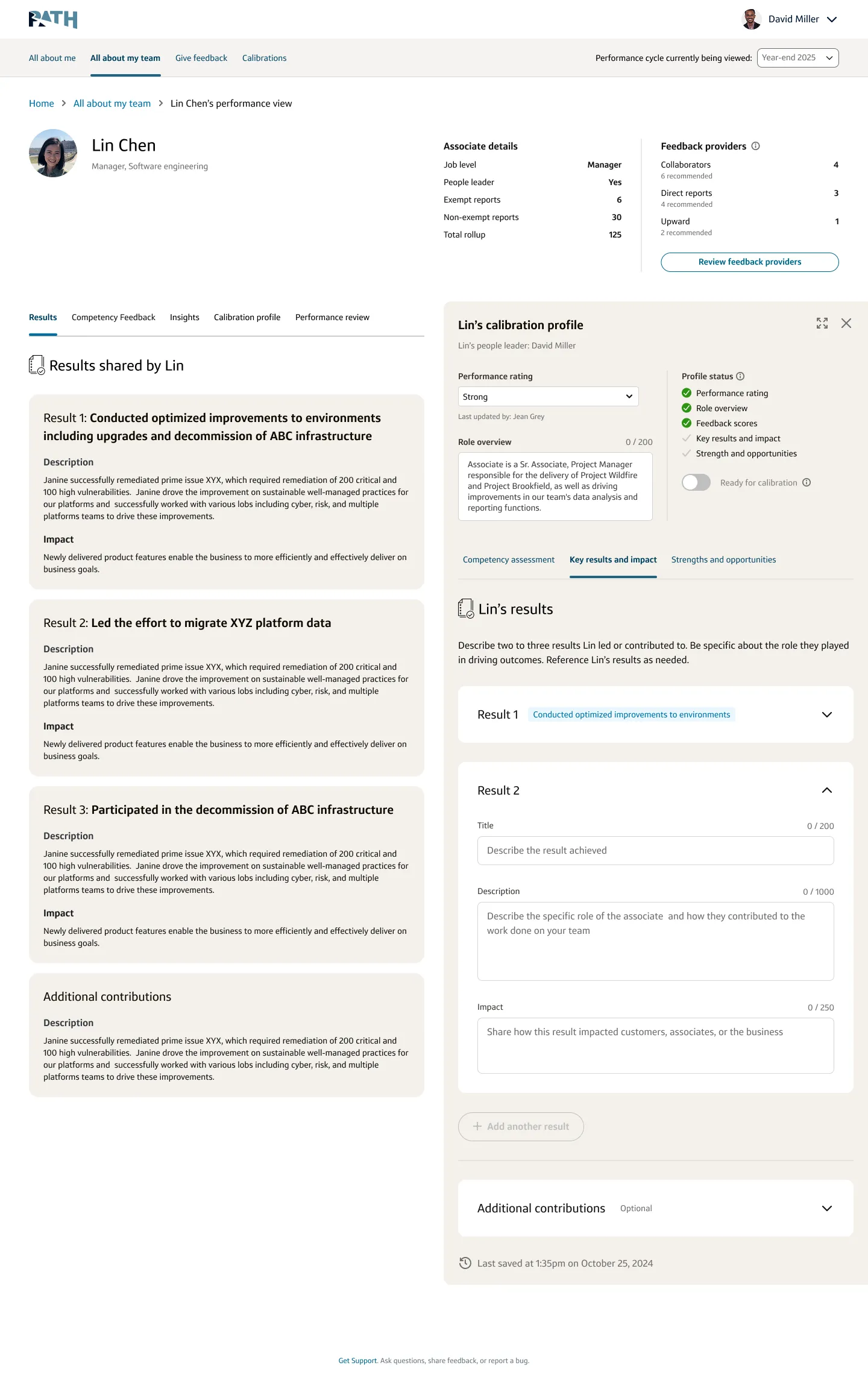 Key results tab: the associate's key results and impact, surfaced as a dynamic tab within the 360 view