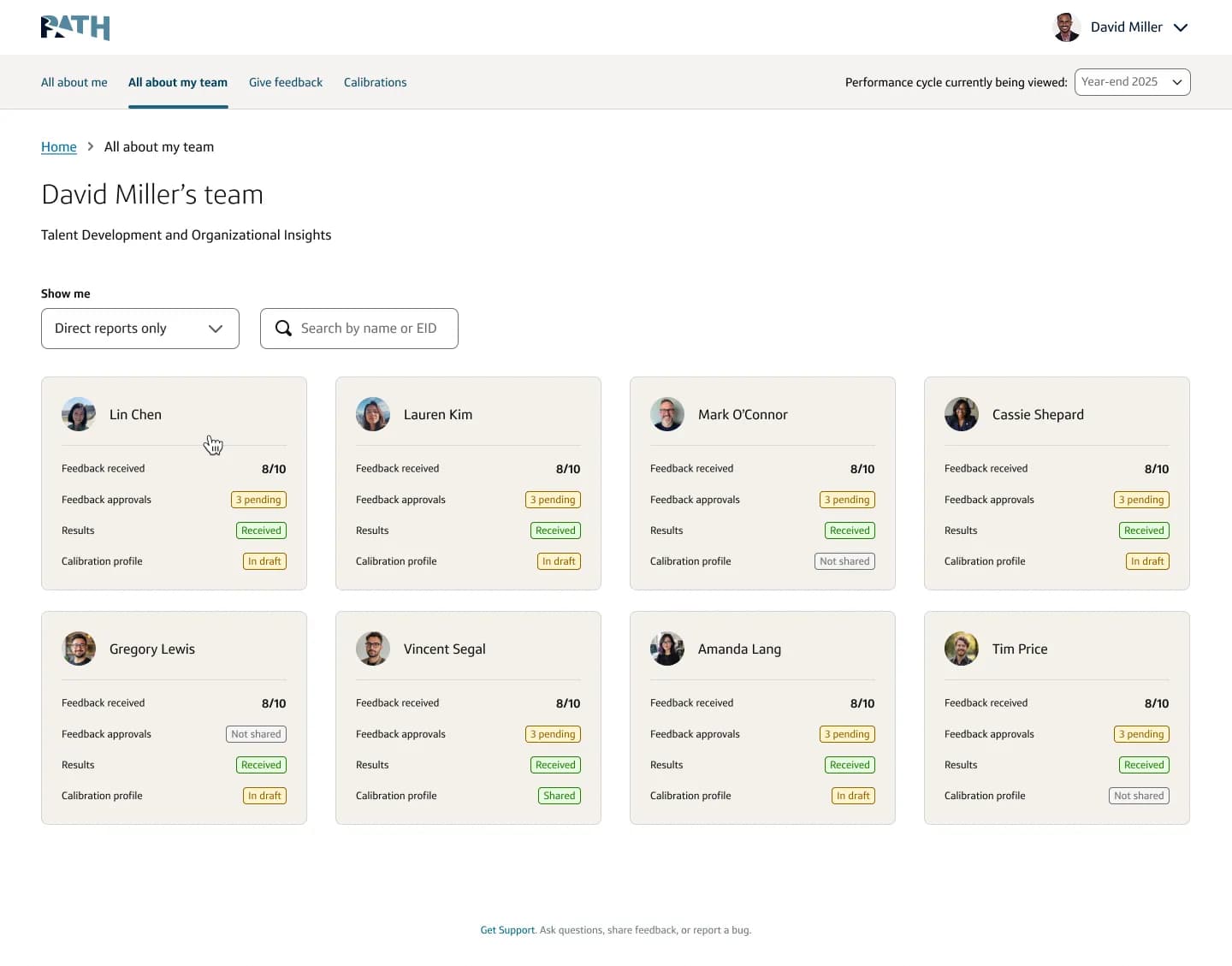 Redesigned My Team view: a leader's direct reports as cards, each showing feedback received, approvals, results, and calibration profile status