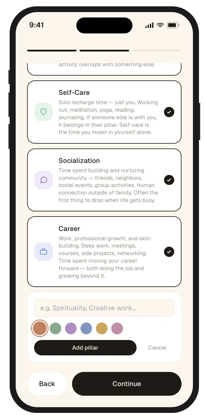Onboarding step 3: pillar defaults and confirmation