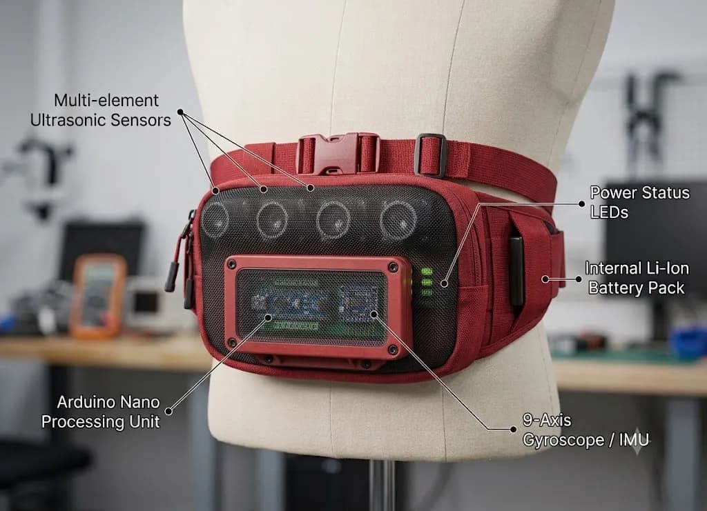 VISN wearable: red fanny pack on a mannequin, labeled with multi-element ultrasonic sensors, Arduino Nano processing unit, 9-axis gyroscope/IMU, internal Li-ion battery, and power-status LEDs